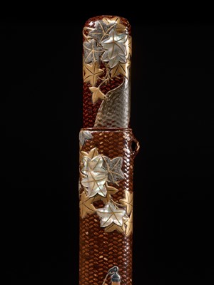 Lot 59 - IKEDA TAISHIN: A SUPERB WOVEN AND LACQUERED RATTAN KISERUZUTSU WITH A HYOTAN AND MAPLE LEAVES