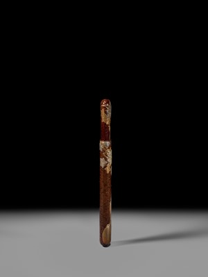 Lot 59 - IKEDA TAISHIN: A SUPERB WOVEN AND LACQUERED RATTAN KISERUZUTSU WITH A HYOTAN AND MAPLE LEAVES