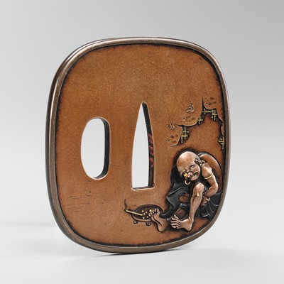 Lot 80 - OTSURYUKEN MIBOKU: A FINE HAMANO SCHOOL SUAKA TSUBA DEPICTING DARUMA APPLYING MOXA