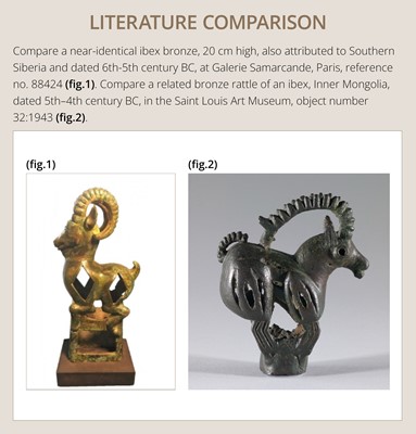 Lot 118 - AN ‘IBEX’ BRONZE FINIAL, SOUTHERN SIBERIA, 6TH – 5TH CENTURY BC