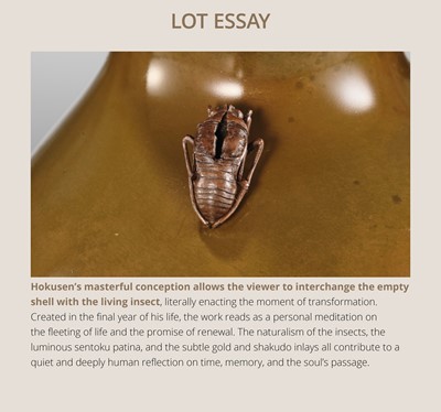 Lot 31 - KITAGAWA HOKUSEN I: A MAGNIFICENT AND RARE ‘HATCHING CICADA’ DOUBLE-GOURD BRONZE VASE, DATED 1922