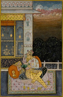 Lot 589 - A MINIATURE PAINTING OF A LOVING COUPLE ON A TERRACE, PROVINCIAL MUGHAL, 18TH TO EARLY 19TH CENTURY