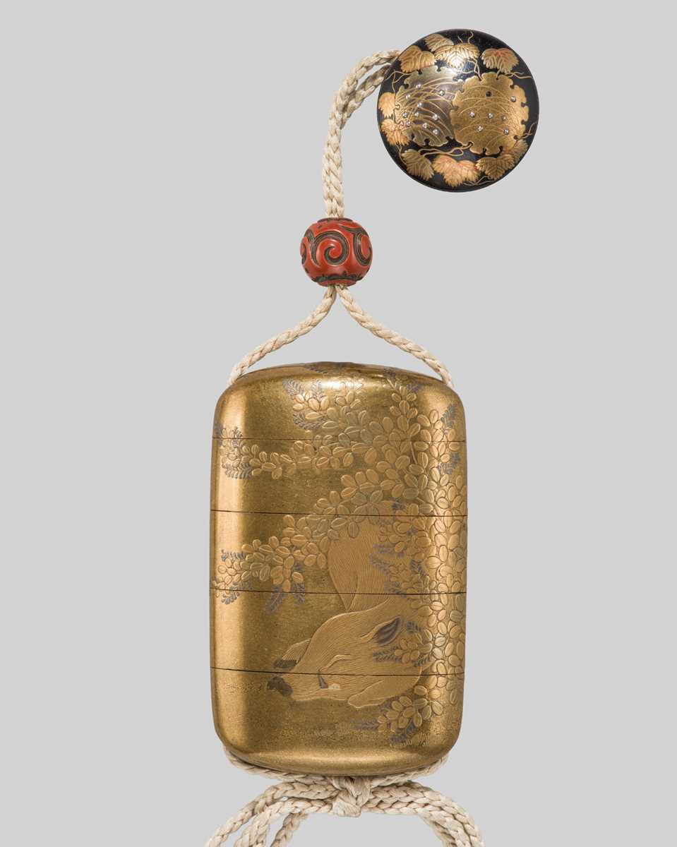 Lot 27 - A SUPERB FOUR-CASE LACQUER INRO DEPICTING A BOAR RESTING AMONGST AUTUMN LEAVES AND FLOWERS