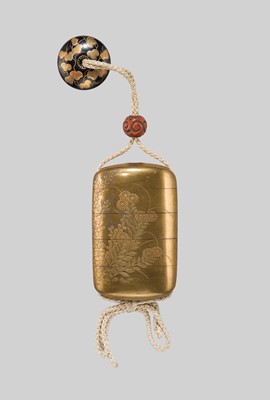 Lot 27 - A SUPERB FOUR-CASE LACQUER INRO DEPICTING A BOAR RESTING AMONGST AUTUMN LEAVES AND FLOWERS