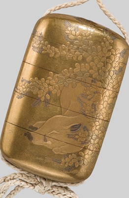 Lot 27 - A SUPERB FOUR-CASE LACQUER INRO DEPICTING A BOAR RESTING AMONGST AUTUMN LEAVES AND FLOWERS
