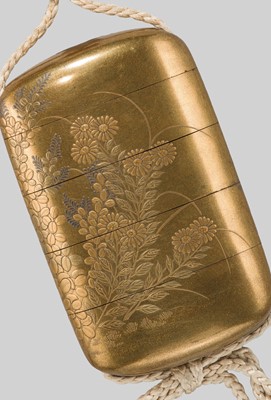 Lot 27 - A SUPERB FOUR-CASE LACQUER INRO DEPICTING A BOAR RESTING AMONGST AUTUMN LEAVES AND FLOWERS