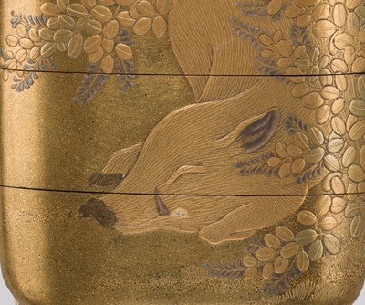 Lot 27 - A SUPERB FOUR-CASE LACQUER INRO DEPICTING A BOAR RESTING AMONGST AUTUMN LEAVES AND FLOWERS