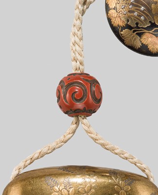 Lot 27 - A SUPERB FOUR-CASE LACQUER INRO DEPICTING A BOAR RESTING AMONGST AUTUMN LEAVES AND FLOWERS