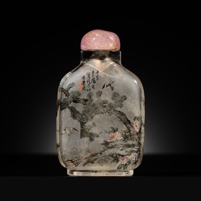 Lot 177 - AN INSIDE-PAINTED CRYSTAL ‘SWALLOWS’ SNUFF BOTTLE, BY ZHOU LEYUAN, DATED TO THE RENCHEN YEAR, CORRESPONDING TO 1892