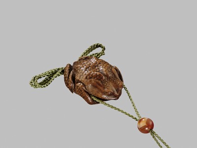 Lot 52 - GYOKUSEKI: A RARE WOOD SINGLE-CASE INRO OF A TOAD