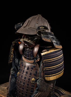 Lot 117 - MIYATA KATSUSADA: AN IMPRESSIVE ROKUMAI DO GUSOKU (SIX-PIECE CUIRASS ARMOR) WITH AN IRON SUJIBACHI KABUTO AND MENPO