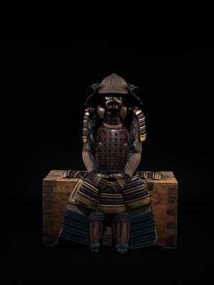 Lot 117 - MIYATA KATSUSADA: AN IMPRESSIVE ROKUMAI DO GUSOKU (SIX-PIECE CUIRASS ARMOR) WITH AN IRON SUJIBACHI KABUTO AND MENPO