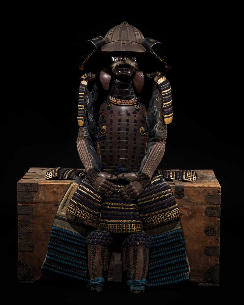 Lot 117 - MIYATA KATSUSADA: AN IMPRESSIVE ROKUMAI DO GUSOKU (SIX-PIECE CUIRASS ARMOR) WITH AN IRON SUJIBACHI KABUTO AND MENPO