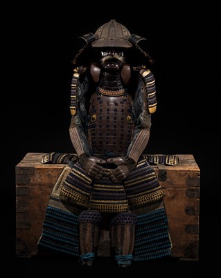 Lot 117 - MIYATA KATSUSADA: AN IMPRESSIVE ROKUMAI DO GUSOKU (SIX-PIECE CUIRASS ARMOR) WITH AN IRON SUJIBACHI KABUTO AND MENPO