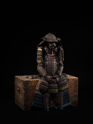 Lot 117 - MIYATA KATSUSADA: AN IMPRESSIVE ROKUMAI DO GUSOKU (SIX-PIECE CUIRASS ARMOR) WITH AN IRON SUJIBACHI KABUTO AND MENPO