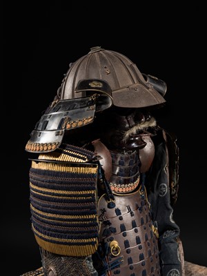 Lot 117 - MIYATA KATSUSADA: AN IMPRESSIVE ROKUMAI DO GUSOKU (SIX-PIECE CUIRASS ARMOR) WITH AN IRON SUJIBACHI KABUTO AND MENPO