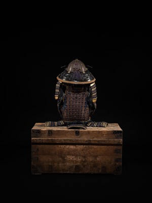 Lot 117 - MIYATA KATSUSADA: AN IMPRESSIVE ROKUMAI DO GUSOKU (SIX-PIECE CUIRASS ARMOR) WITH AN IRON SUJIBACHI KABUTO AND MENPO