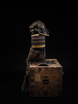 Lot 117 - MIYATA KATSUSADA: AN IMPRESSIVE ROKUMAI DO GUSOKU (SIX-PIECE CUIRASS ARMOR) WITH AN IRON SUJIBACHI KABUTO AND MENPO