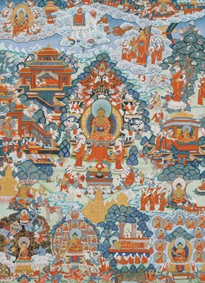 Lot 344 - A FINE THANGKA DEPICTING THE TWELVE DEEDS OF BUDDHA SHAKYAMUNI, TIBET, 19TH-EARLY 20TH CENTURY