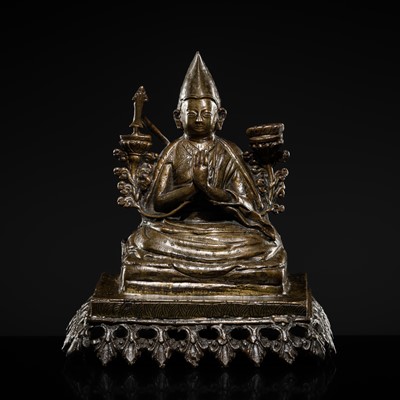 Lot 48 - A BRONZE FIGURE OF TSONGKHAPA, TIBET, 18TH-19TH CENTURY