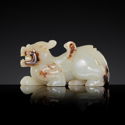 Lot 435 - A RARE WHITE AND RUSSET JADE FIGURE OF A BIXIE, SONG DYNASTY OR EARLIER