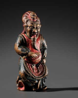 A POWERFUL SHUZAN-STYLE SAISHIKI NETSUKE OF A RANRYO-O DANCER