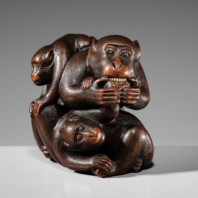 MASANAO: A LARGE WOOD NETSUKE OF A MONKEY WITH ITS YOUNG