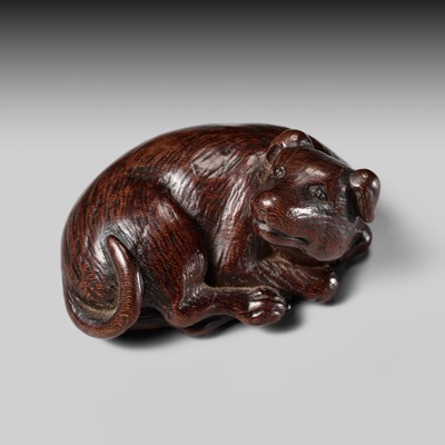 Lot 184 - TAMETAKA: A SUPERB WOOD NETSUKE OF A RECUMBENT DOG