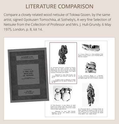 Lot 241 - GYOKUSEN TOMOCHIKA: A WOOD NETSUKE OF LADY TOKIWA GOZEN PROTECTING HER CHILDREN