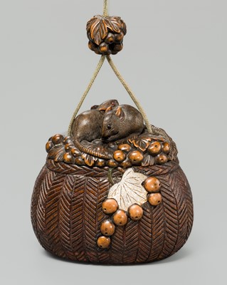 Lot 64 - A SUPERB WOOD ‘RATS AND FRUITS’ SAGEMONO SET, ATTRIBUTED TO KAIGYOKUDO MASATERU