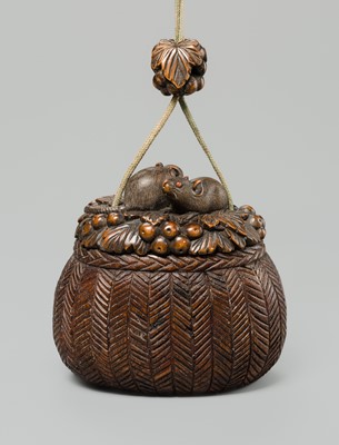 Lot 64 - A SUPERB WOOD ‘RATS AND FRUITS’ SAGEMONO SET, ATTRIBUTED TO KAIGYOKUDO MASATERU