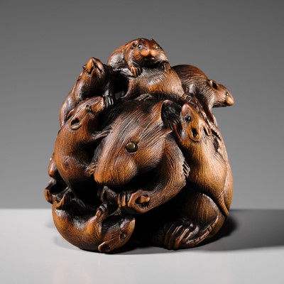 MASAYOSHI: A FINE WOOD NETSUKE OF A GROUP OF RATS