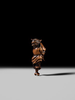 Lot 93 - YOSHIMASA: A SUPERB WOOD NETSUKE OF THE DEMON IBARAKI