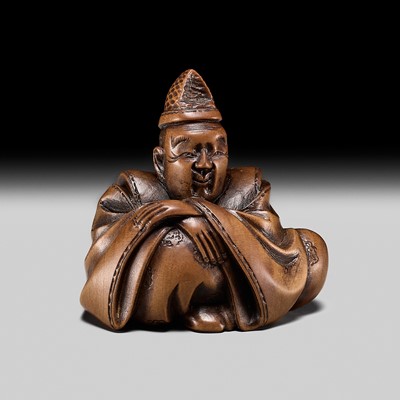 HOSHUNSAI MASAYUKI: A FINE WOOD NETSUKE OF A COURTIER