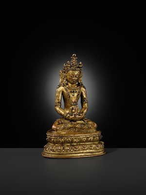 Lot 24 - A GILT-BRONZE FIGURE OF AMITAYUS, TIBET, 15TH-16TH CENTURY