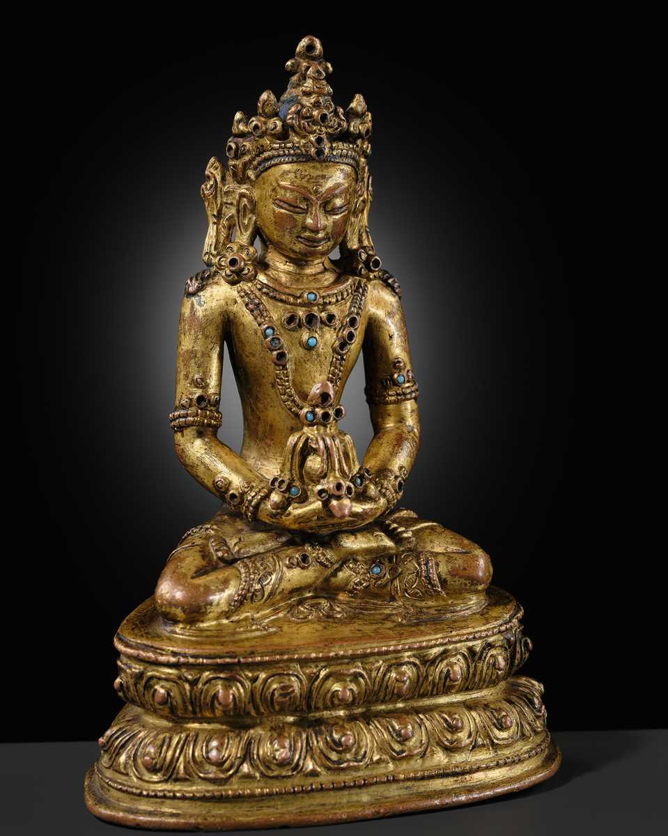 Lot 24 - A GILT-BRONZE FIGURE OF AMITAYUS, TIBET, 15TH-16TH CENTURY