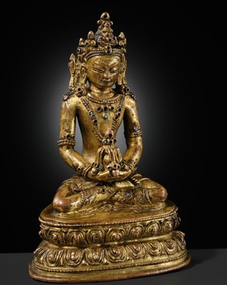 Lot 24 - A GILT-BRONZE FIGURE OF AMITAYUS, TIBET, 15TH-16TH CENTURY
