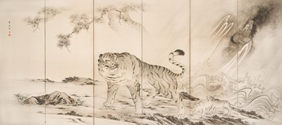 Lot 316 - AN IMPRESSIVE KANO SCHOOL SIX-PANEL BYOBU (FOLDING SCREEN) DEPICTING A TIGER WITH OFFSPRING AND DRAGON