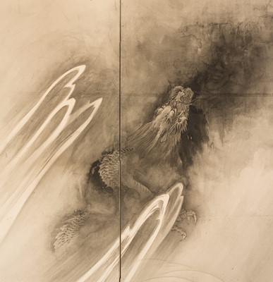 Lot 316 - AN IMPRESSIVE KANO SCHOOL SIX-PANEL BYOBU (FOLDING SCREEN) DEPICTING A TIGER WITH OFFSPRING AND DRAGON