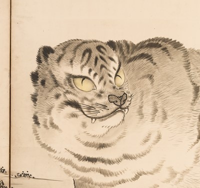 Lot 316 - AN IMPRESSIVE KANO SCHOOL SIX-PANEL BYOBU (FOLDING SCREEN) DEPICTING A TIGER WITH OFFSPRING AND DRAGON