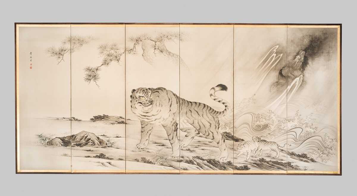 Lot 316 - AN IMPRESSIVE KANO SCHOOL SIX-PANEL BYOBU (FOLDING SCREEN) DEPICTING A TIGER WITH OFFSPRING AND DRAGON