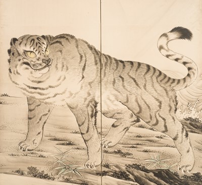 Lot 316 - AN IMPRESSIVE KANO SCHOOL SIX-PANEL BYOBU (FOLDING SCREEN) DEPICTING A TIGER WITH OFFSPRING AND DRAGON