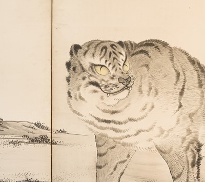 Lot 316 - AN IMPRESSIVE KANO SCHOOL SIX-PANEL BYOBU (FOLDING SCREEN) DEPICTING A TIGER WITH OFFSPRING AND DRAGON
