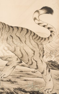 Lot 316 - AN IMPRESSIVE KANO SCHOOL SIX-PANEL BYOBU (FOLDING SCREEN) DEPICTING A TIGER WITH OFFSPRING AND DRAGON