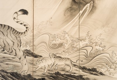 Lot 316 - AN IMPRESSIVE KANO SCHOOL SIX-PANEL BYOBU (FOLDING SCREEN) DEPICTING A TIGER WITH OFFSPRING AND DRAGON