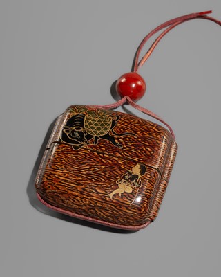 Lot 134 - A FINE INLAID SINGLE-CASE LACQUER INRO DEPICTING A FARMER AND A CHILD