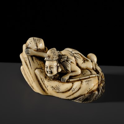 Lot 82 - A GOOD IVORY NETSUKE OF EBISU WITH AN OCTOPUS, INSAI STUDIO