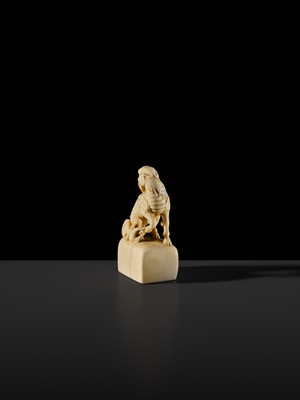 Lot 99 - MUNEHARU: A FINE KYOTO SCHOOL IVORY SEAL-TYPE (INGYO) NETSUKE OF A YOUNG KIRIN