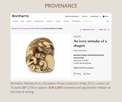 Lot 114 - A POWERFUL KYOTO SCHOOL IVORY NETSUKE OF A DRAGON AND TAMA PEARL