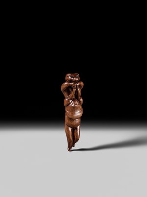 Lot 85 - A RARE AND AMUSING WOOD NETSUKE OF TWO TANUKI